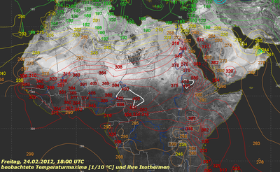 Karte der Temperaturmaxima in Zehntelgraden ([1/10 °C]) und  ihrer Isothermen, vom 24.02.2012, 18:00 UTC, Man beachte besonders die fett in weiß dargestellten 40-°C-Isothermen