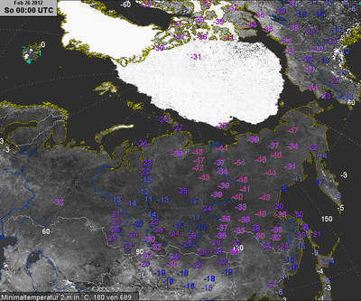 Karte der auf ganze Grade gerundeten nächtlichen  Tiefsttemperaturen vom 26.02.2012, 00:00 UTC