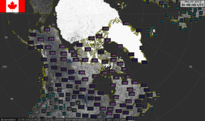  Karte der nächtlichen Tiefsttemperaturen [1/10 °C] in Kanada  vom 06.03.2012, 06:00 UTC