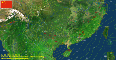 Karte der vierundzwanzigstündigen Niederschlagsmengen sowie die Bodenluftdruckverteilung vom 23.06.2012, 00:00 UTC