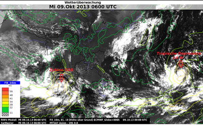 Süostasien-Karte beider tropischer Wirbelstürme mit <br/>prognostizierten Spitzenwindgeschwindigkeiten (globales <br/>Vorhersagemodell des EZMWF, Isotachen [kn]), vom 09.10.2013, 06:00 UTC, unterlegt mit einem Satellitenbild (Kanal bei 0.8 µm) 
