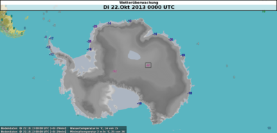 Südpolarkarte mit den aktuellen Wassertemperaturen sowie den  