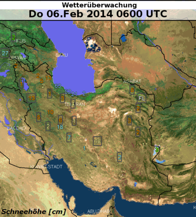  Karte der Schneehöhen [cm] im Iran vom 06.02.2014, 06:00 UTC