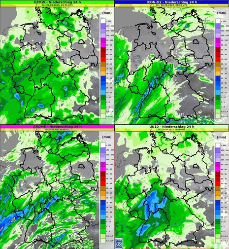 24-stündiger Niederschlag von Montag, den 19.06.2023 06 UTC bis Dienstag, den 20.06.2023 06 UTC für verschiedene Modelle