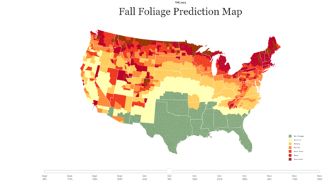 Die Graphik zeigt eine Vorhersagekarte der Laubverfärbung in den USA für den 09. Oktober 2023 (Quelle https://smokymountains.com/fall-foliage-map/)
