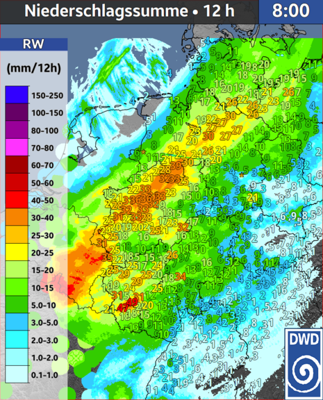 (Vorläufige) Stationsmeldungen sowie aus Radarmessungen abgeleitete zwölfstündige Niederschlagssummen im Westen und Nordwesten Deutschlands vom Donnerstag, den 10.10.2024, 08 Uhr MESZ