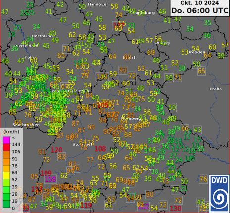 (Vorläufig) ermittelte maximale Windböen der vergangenen sechs Stunden in der Südhälfte Deutschlands vom Donnerstag, den 10.10.2024, 06 Uhr UTC