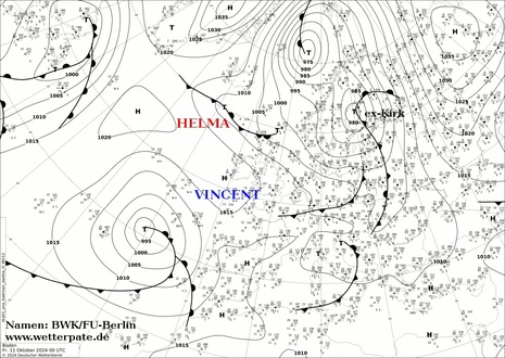 Bodenanalyse Europa mit Fronten und Druckzentren sowie deren Namen vom Freitag, 11.10.2024 00 UTC / 2 MESZ (Quelle DWD)