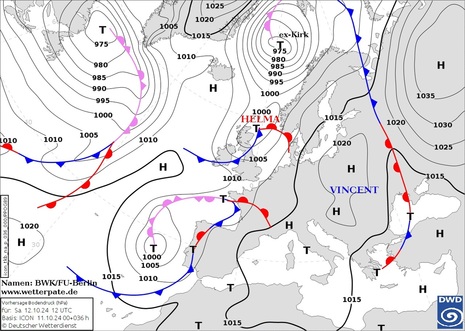 Vorhersage Bodendruckfeld und Fronten in Europa für Samstag, 12.10.2024, 12 UTC / 14 MESZ (Quelle DWD )