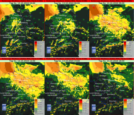 Windböenvorhersage für Sonntag, 3-stündig aus MOS-Mix (Zahlen) und ICON6-Modell (Fläche) (Quelle DWD)