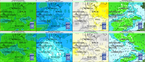 Temperatur, Sonnenschein und Regenmengen für Samstag, 12.10.2024 (oben) und Sonntag, 13.10.2024 (unten) (Quelle DWD)