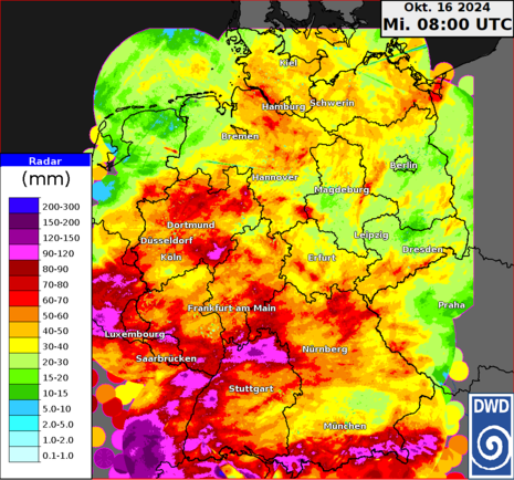 Aus Radardaten abgeleitete Niederschlagsmengen in Liter pro Quadratmeter seit dem 01. Oktober