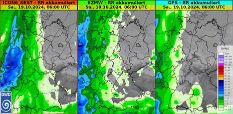 Von drei verschiedenen Modellen vorhergesagte akkumulierte Niederschlagsmengen bis Samstagfrüh
