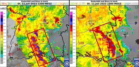 Zwei Kartenausschnitte von Süddeutschland zeigen das jeweils aktuelle Radarbild und die gemessenen Böen der letzten Stunde am 11.07.2023 um 22 Uhr MESZ (links) und um 23 Uhr MESZ (rechts). (Quelle DWD)