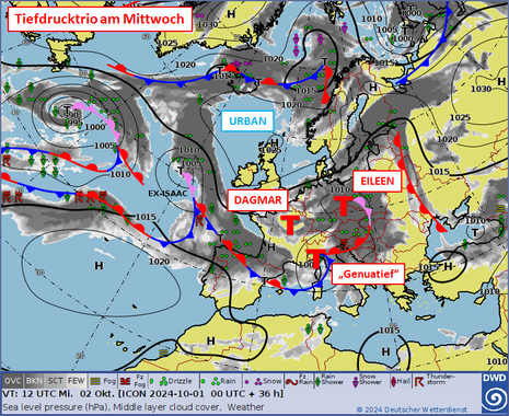 Vorhersagekarte für Mittwoch, 02.10.2024, 14 Uhr. (Quelle DWD)