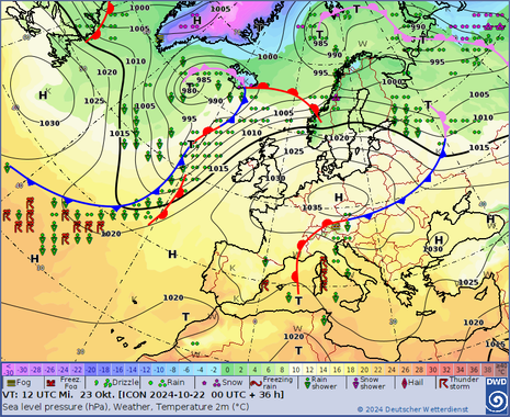 Bodenvorhersagekarte mit Luftdruckverteilung und Fronten für Mittwoch, 23.10.2024, 12 UTC auf Basis des Modelllaufes von ICON, 22.10.2024, 00 UTC (Quelle Deutscher Wetterdienst)