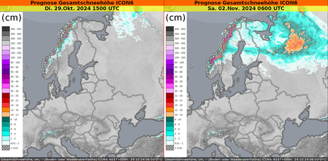 Abbildung 3: Vorhersage der Schneedecke für den 29.10. und 02.11.