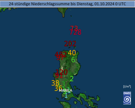 24-stündige Niederschlagsmengen im nördlichen Teil der Philippinen, Stand: Dienstag, 01.10.2024 00 UTC (Quelle DWD)