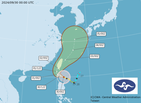 berechnete Zugbahn des Taifuns vom CWA (central weather administration in Taiwan), Stand: 30.09.2024 00 UTC (Quelle CWA)