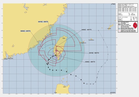 bisherige Zugbahn sowie weitere Verlagerung von KRATHON nach JTWC (joint typhoon warning center), Stand: 03.10.2024 9 UTC (Quelle JTWC)