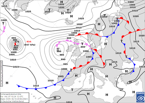 Diese Grafik zeigt die Analysekarte für Montag, den 07.10.2024 um 12 UTC. (Quelle Deutscher Wetterdienst)