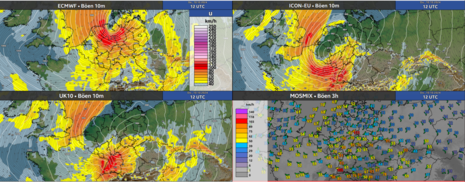 Die Grafik zeigt die prognostizierten Windböen der verschiedenen Modelle, sowie des MOSMIX bis Donnerstag 12 UTC. (Quelle Deutscher Wetterdienst)