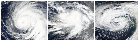 Satellitenbild von KIRK als Kategorie 4 Hurrikan mit einem klar definierten Auge, als tropischer Sturm mit einer diffusen Struktur und von ORPHELIA als hybrides extratropisches Sturmtief mit Frontensystemen aber noch sichtbaren tropischen Eigenschaften (Q