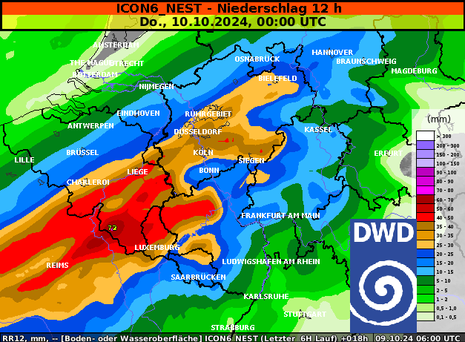 Niederschlagsschwerpunkte in Hunsrück, Eifel und Sauerland. (Quelle DWD - Deutscher Wetterdienst)