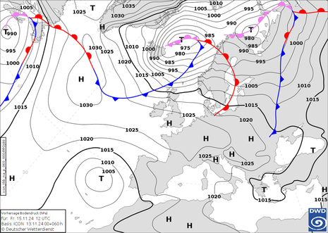 Karte Europa und Nordatlantik mit Vorhersage von Bodendruck und Fronten aus dem ICON-Modell für Freitag, 15.11.2024 mittags (Quelle Deutscher Wetterdienst)