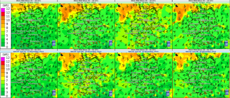 Böenvorhersage aus MOS-Mix für Samstag bis Dienstag, oben tagsüber 6 bis 18 UTC, unten nachts 18 bis 06 UTC; UTC = MEZ -1h (Quelle Deutscher Wetterdienst)