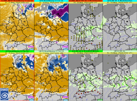 Für die Nacht zum Freitag von verschiedenen Modellen prognostizierter Bedeckungsgrad (braun: tiefe, lila: mittelhohe, blau: hohe Wolken) sowie prognostizierte Niederschläge. (Quelle DWD - Deutscher Wetterdienst)