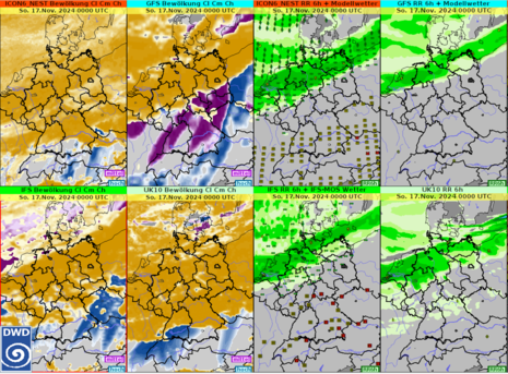 Für die Nacht zum Sonntag von verschiedenen Modellen prognostizierter Bedeckungsgrad (braun: tiefe, lila: mittelhohe, blau: hohe Wolken) sowie prognostizierte Niederschläge. (Quelle DWD - Deutscher Wetterdienst)