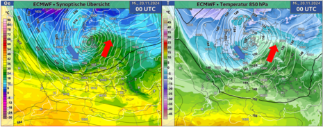 Diese Grafik zeigt die Synoptische Übersicht für Mittwoch, den 20.11.2024 um 00 UTC. Hinter dem Sturmtief strömen Luftmassen polaren Ursprungs nach Deutschland.