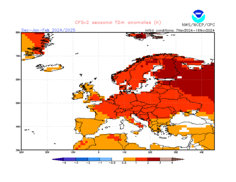 Winter-Vorhersage (DJF) der Temperatur der NOAA: 1 bis 2 Grad zu mild (Quelle NOAA (National Oceanic and Atmospheric Administration))