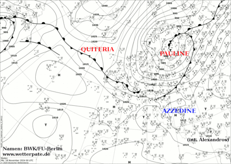 Analysierte Bodenwetterkarte vom 18.11.2024, 00 UTC (Quelle: DWD/ FU Berlin)