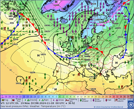 Vorhersage Bodenwetterkarte für Dienstag, 19.11.2024, 12 UTC auf Basis von ICON, Modelllauf vom 18.11.2024, 00 UTC (Quelle: DWD)