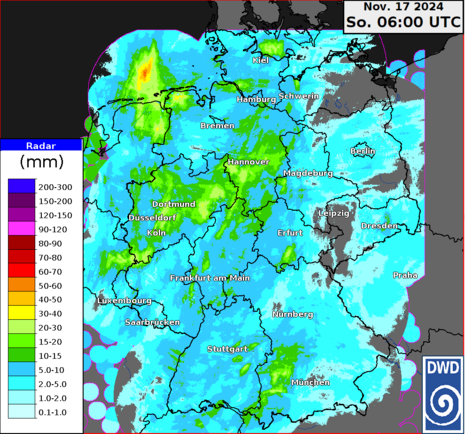 Aus Radardaten abgeleitete Niederschlagsmengen in Millimeter (bzw. Liter pro Quadratmeter) seit dem 01. bis zum 17. November (Quelle Deutscher Wetterdienst)