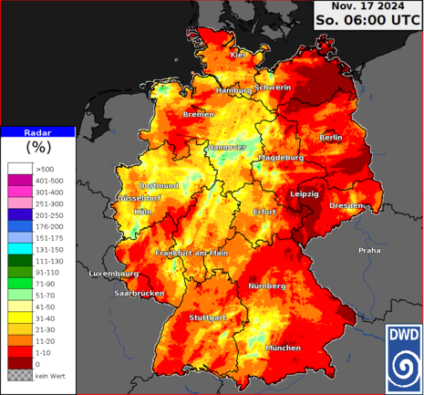 Niederschlagsmengen seit dem 01. bis zum 17. November relativ zum vieljährigen Mittel (Quelle Deutscher Wetterdienst)