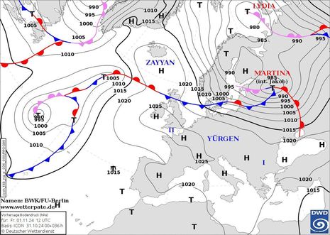 Vorhersagekarte Bodendruck und Lage der Fronten am heutigen Freitag, den 01.11.2024 12 UTC (Quelle DWD - Deutscher Wetterdienst)