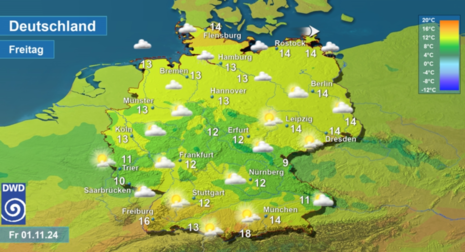 Wettervorhersage sowie Vorhersage der Tageshöchsttemperaturen in Deutschland am Freitag, den 01.11.2024 (Quelle DWD - Deutscher Wetterdienst)