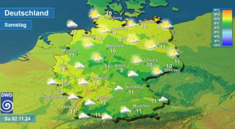 Wettervorhersage sowie Vorhersage der Tageshöchsttemperaturen in Deutschland am Samstag, den 02.11.2024 (Quelle DWD - Deutscher Wetterdienst)