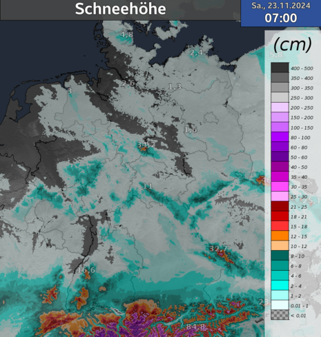 ICON-D2-Vorhersage Schneehöhe Samstagfrüh (Quelle DWD)