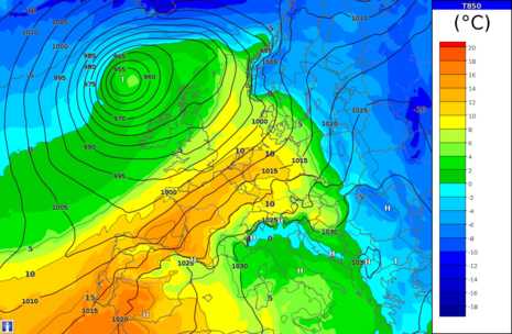 Wetterlage am Sonntag. Bodendruck und Temperatur auf etwa 1500 m Höhe. Die Karte zeigt die 