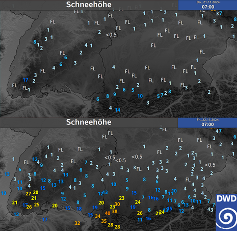 Zwei Kartenausschnitte, die die morgendlich gemessenen Schneehöhen in Süddeutschland darstellen. (Quelle DWD)