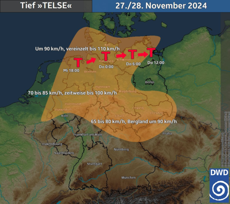 Zugbahn und Sturmfeld von Tief „Telse” (Quelle: DWD)