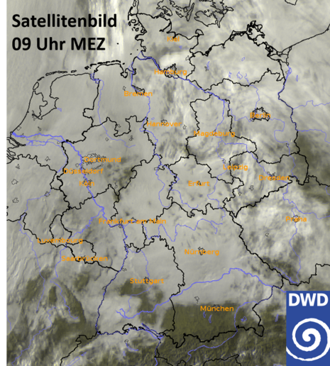 Vor allem die Mittelgebirge und Alpen sowie das Alpenvorland ragen aus dem Nebel heraus. (Quelle DWD - Deutscher Wetterdienst)