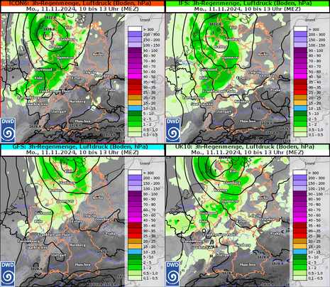 Niederschlagsmenge zwischen 10 und 13 Uhr und Luftdruck um 13 Uhr am 11.11.2024. (Quelle DWD)