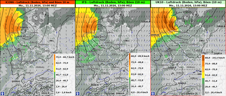 Spitzenböe zwischen 12 und 13 Uhr und Luftdruck um 13 Uhr am 11.11.2024. (Quelle DWD)