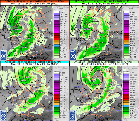 Niederschlagsmenge zwischen 16 und 19 Uhr und Luftdruck um 19 Uhr am 11.11.2024. (Quelle DWD)