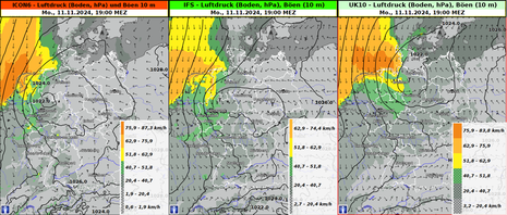 Spitzenböe zwischen 18 und 19 Uhr und Luftdruck um 19 Uhr am 11.11.2024. (Quelle DWD)